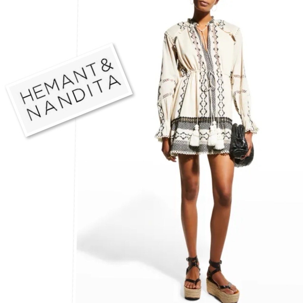 Hemant & Nandita Moira Boho Short Dress In Natural / Black Size M - Picture 3 of 14